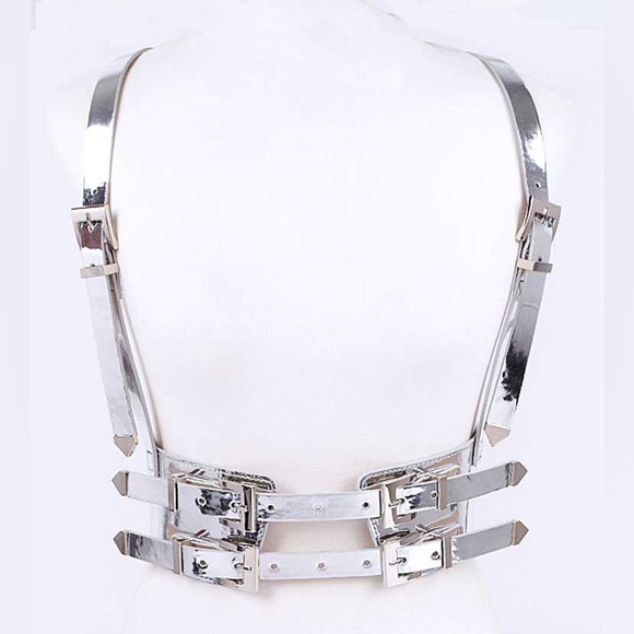 Silver Metallic Leather Stallion III Western Corset Harness Statement Belt main image 4